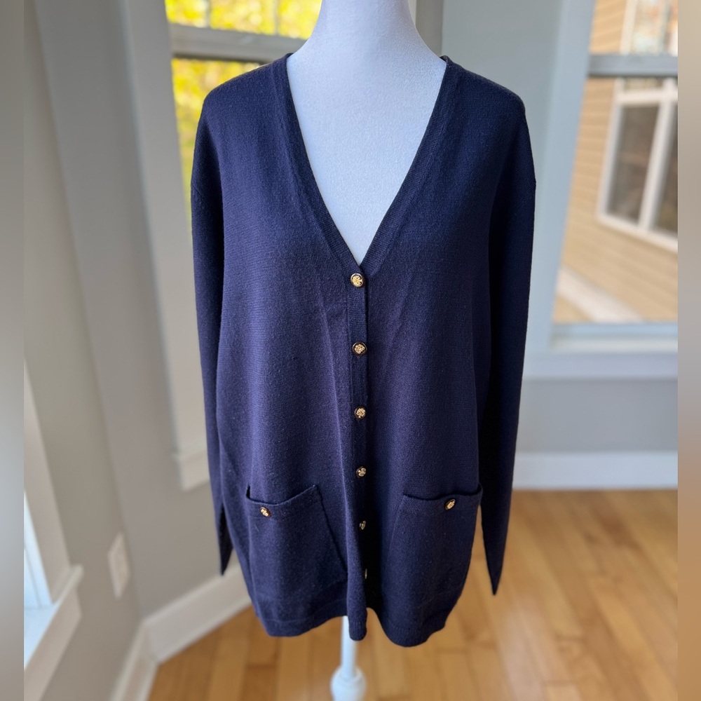 Vintage Nina Charles for Kasper ASL Navy Blue Wool Gold Button Cardigan Sweater